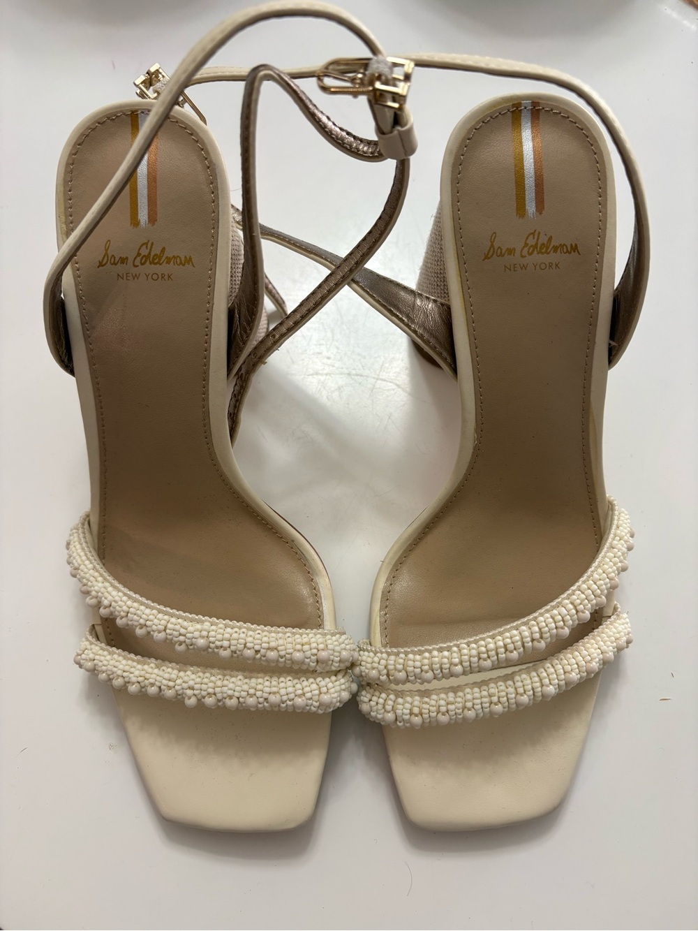 Sam Edelman Cream Beaded Kia Block Heel Strap Sandals